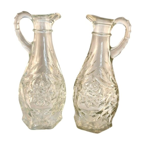Vintage 1960S Pressed Glass Star Design Vinegar & Oil Cruet Set Clear Crystal He - Picture 7 of 8